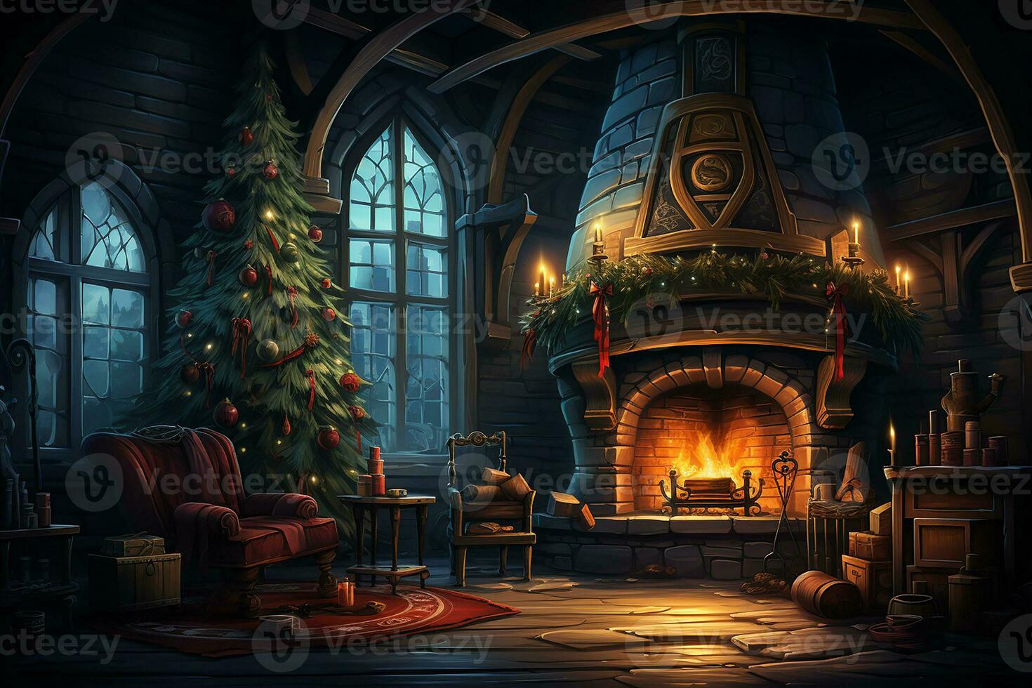 A Christmas scene with a fireplace and a Christmas tree, AI Generated photo