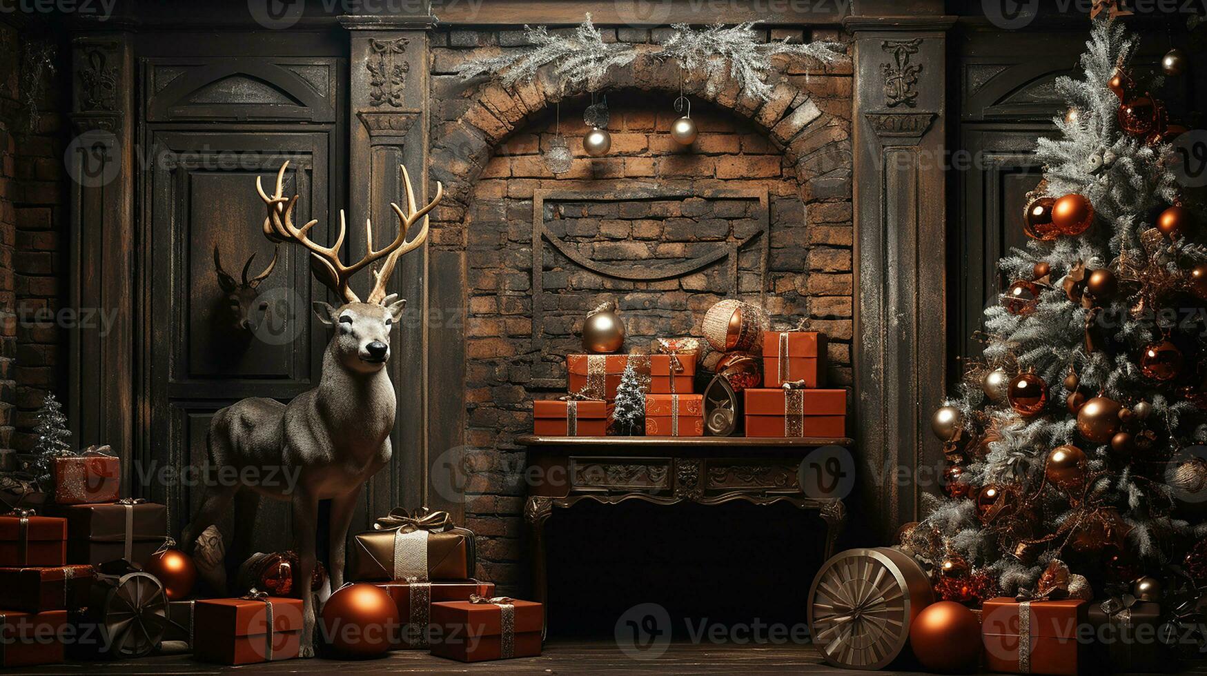 Christmas decorations in the classic dark church, AI Generated photo