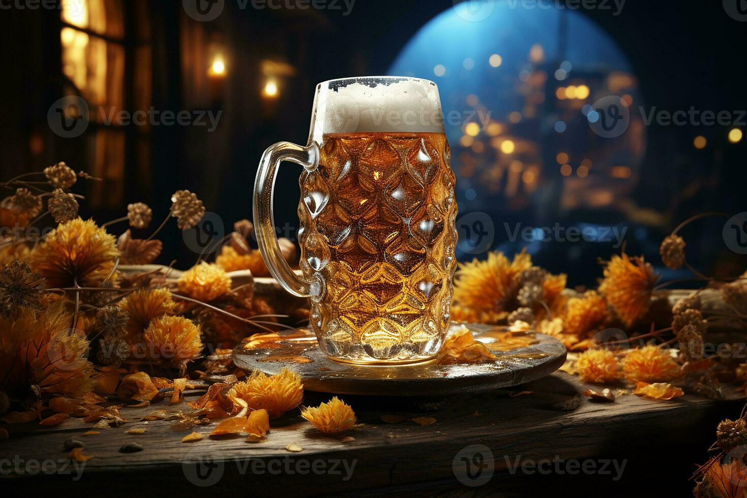 The glass of beer and Christmas decorations, AI Generated photo