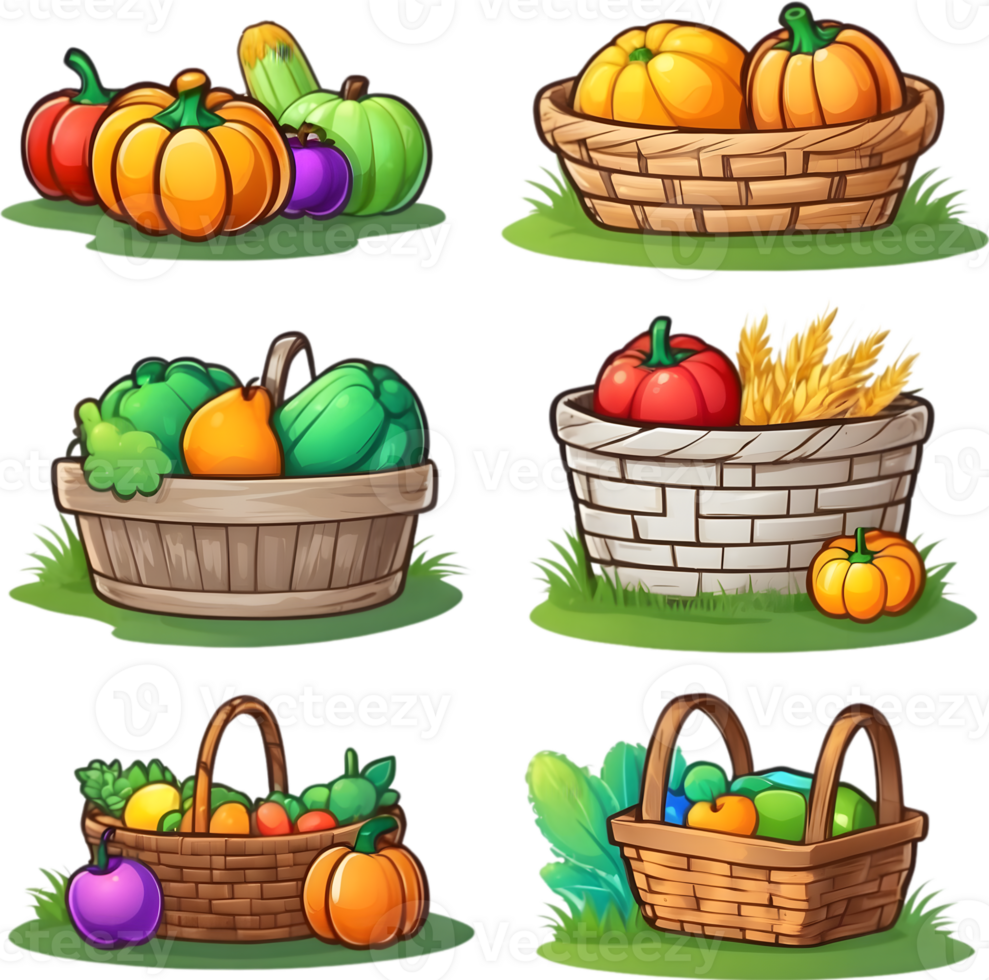 cartoon vegetables in baskets set, png illustration ai generative