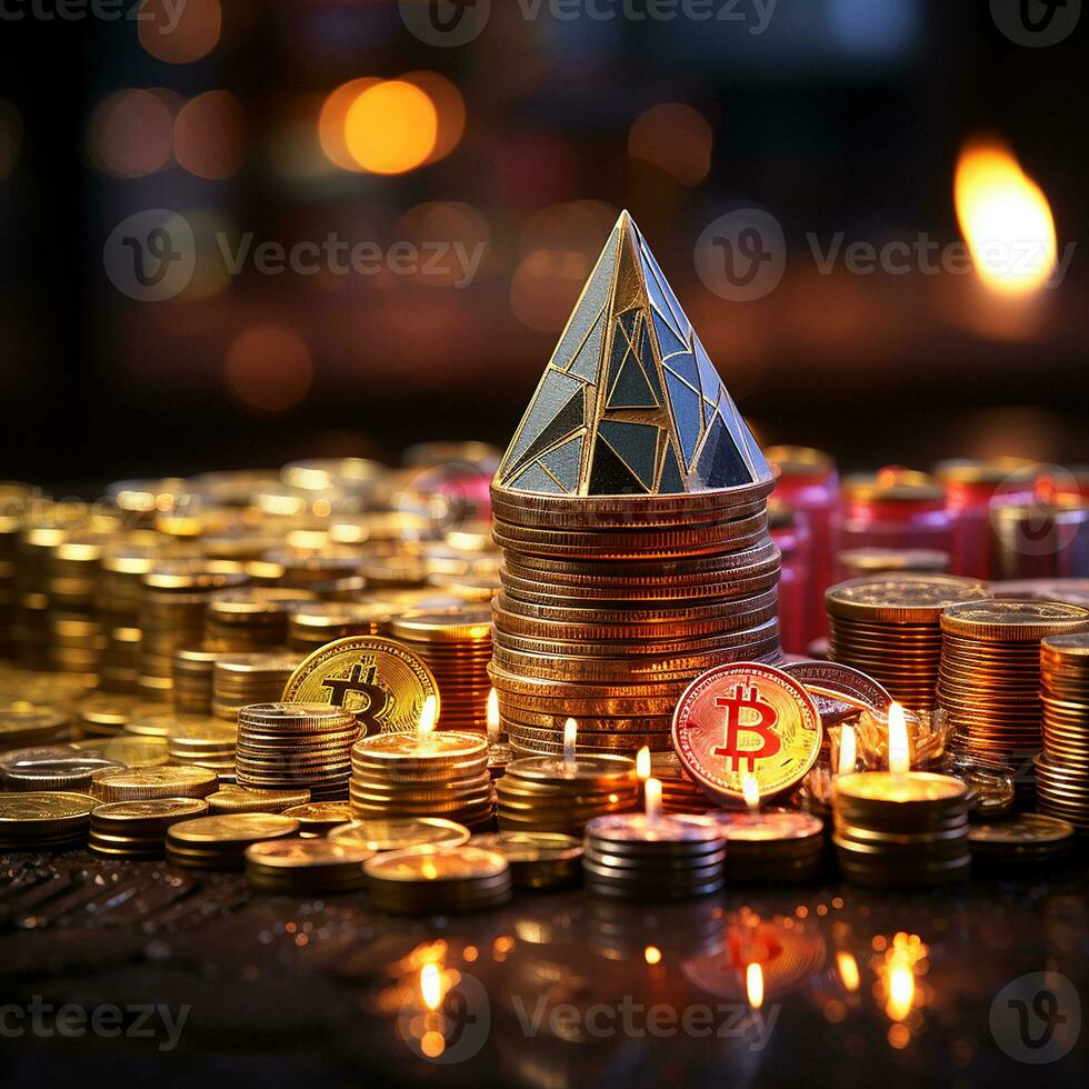 Bitcoins on the table, cryptocurrency background image, AI Generated photo
