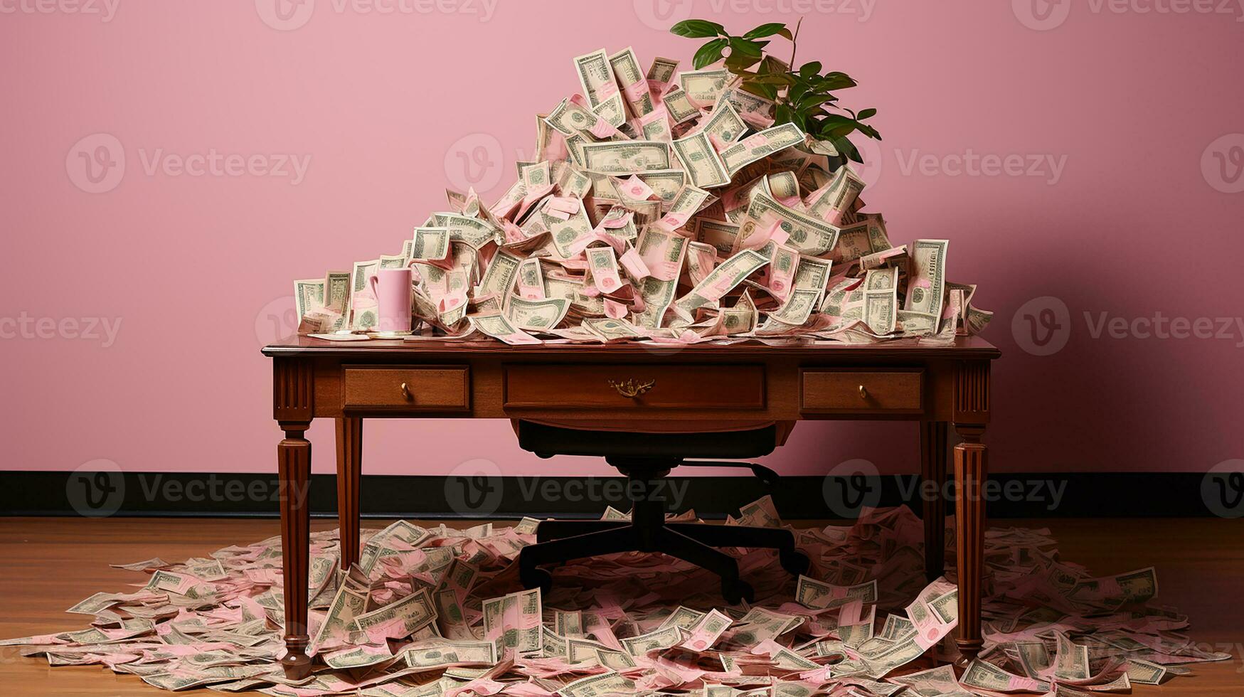 AI Generated, Banknotes are scattered on the table, pink concept background photo