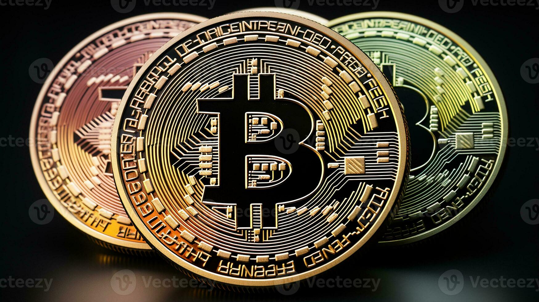 Bitcoins on the table, cryptocurrency background image, AI Generated photo
