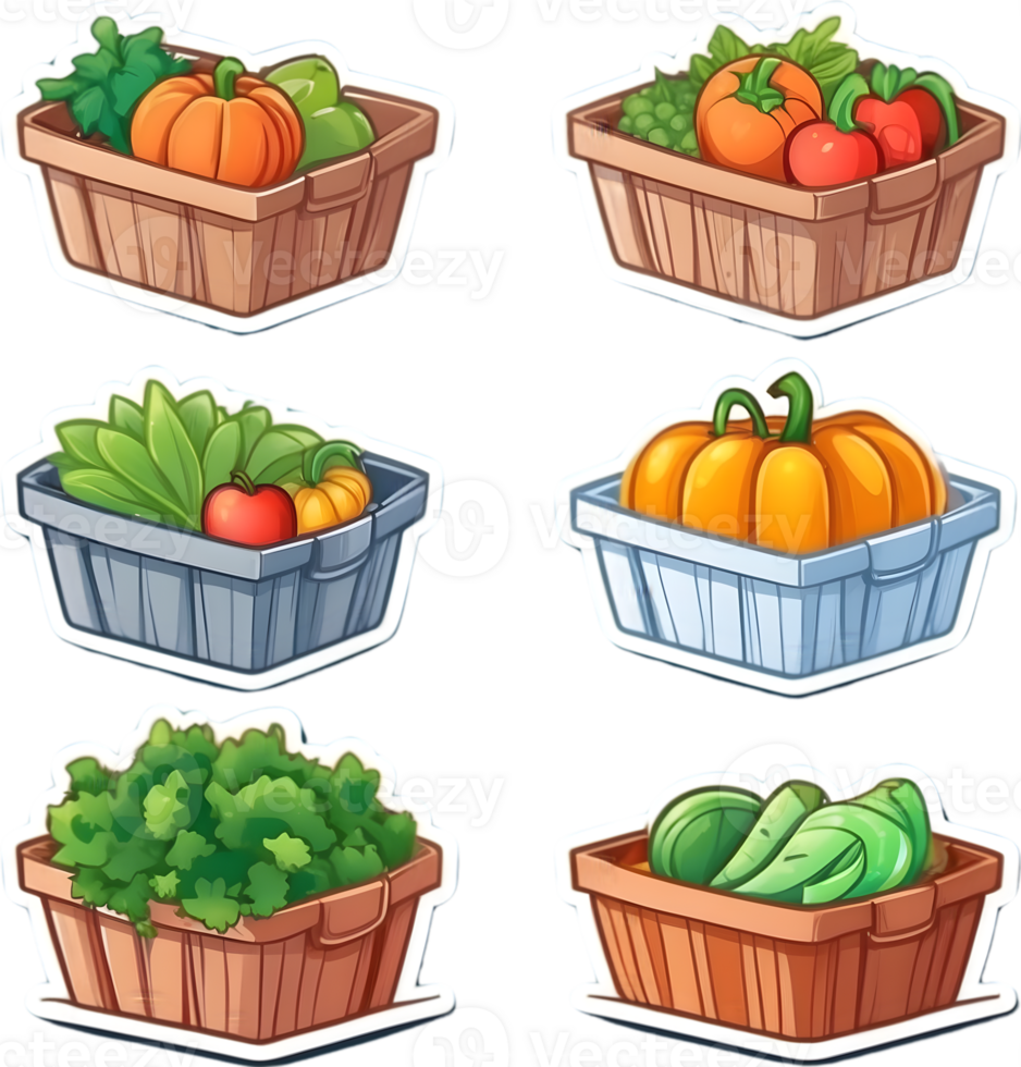 cartoon vegetables in baskets set, png illustration ai generative