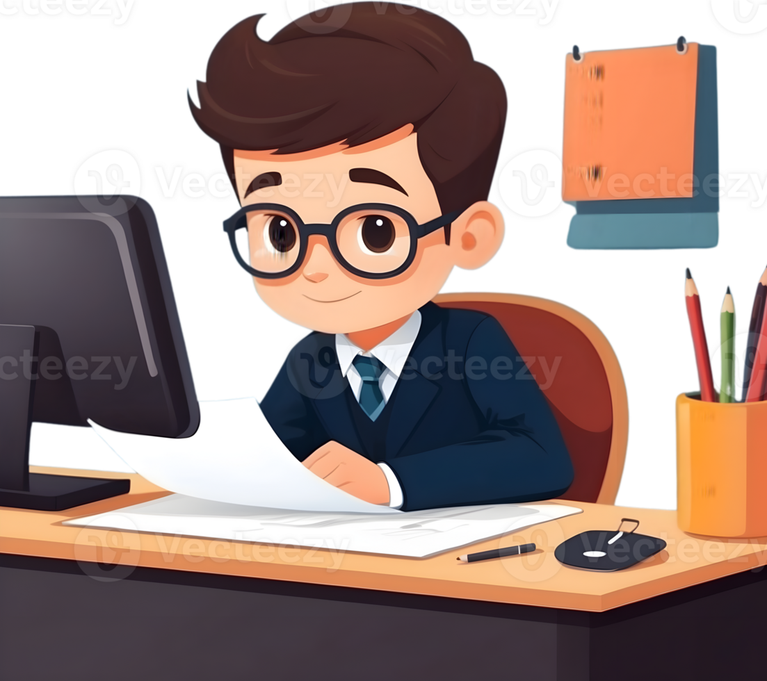 dibujos animados empresario trabajando a su escritorio, ai generativo png