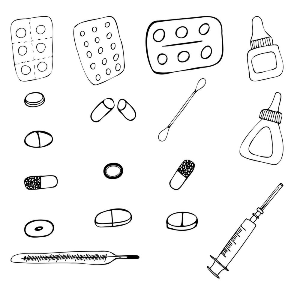 Doodle set of medical drugs with black line vector
