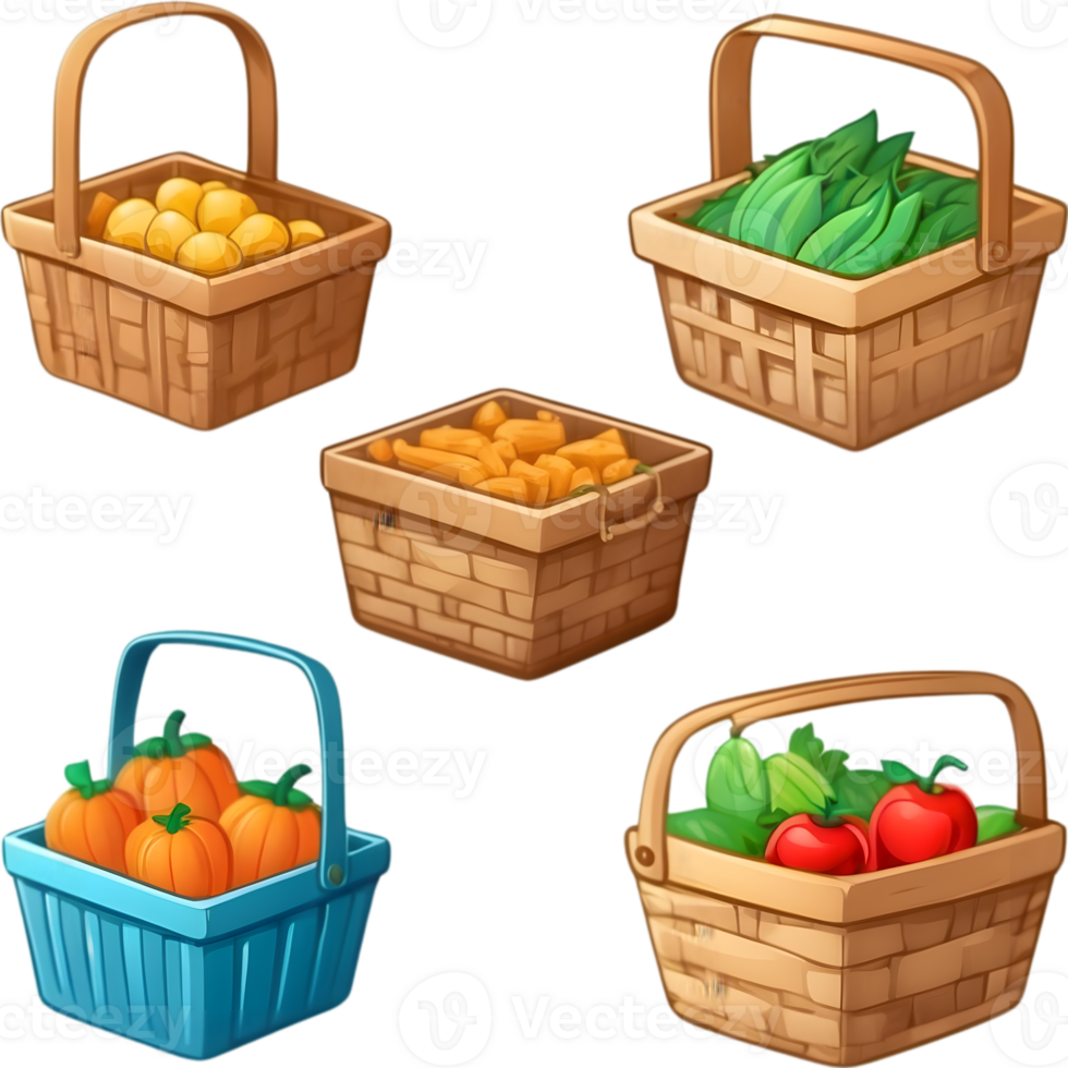 cartoon vegetables in baskets set, png illustration ai generative