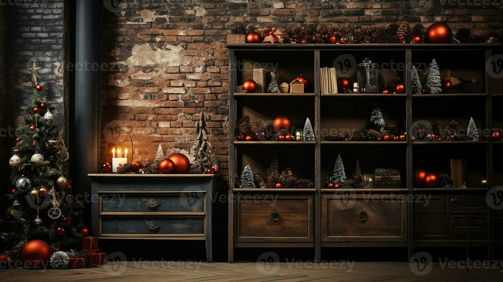 Christmas decorations in the classic dark church, AI Generated photo