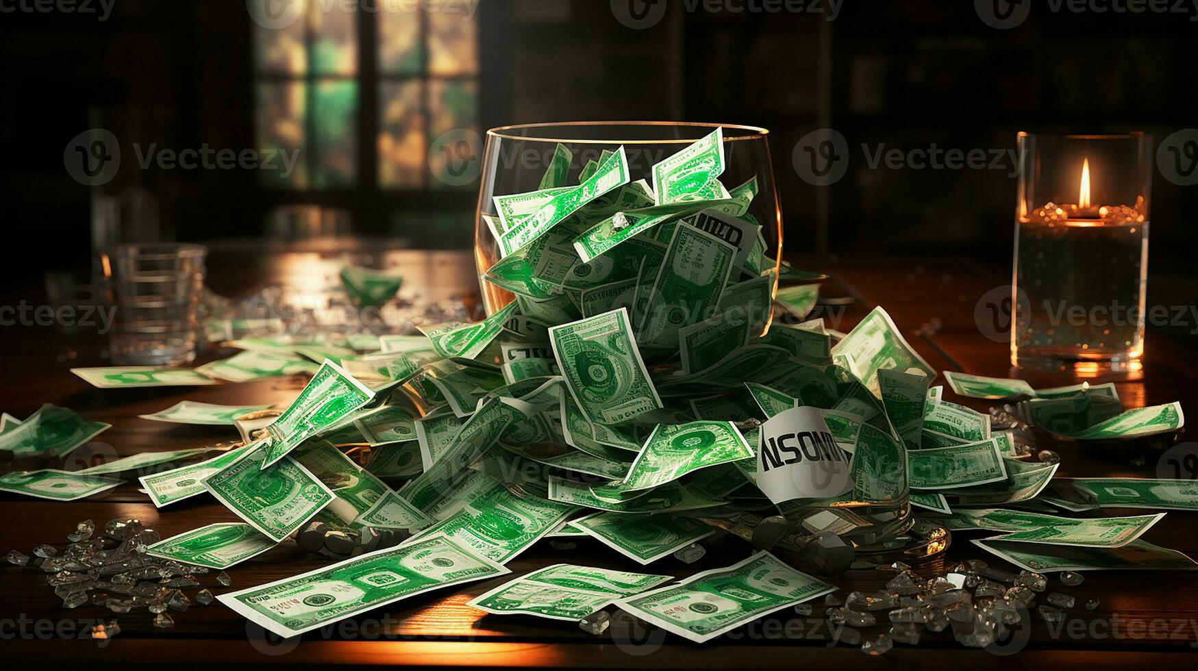AI Generated, Banknotes are scattered on the table photo