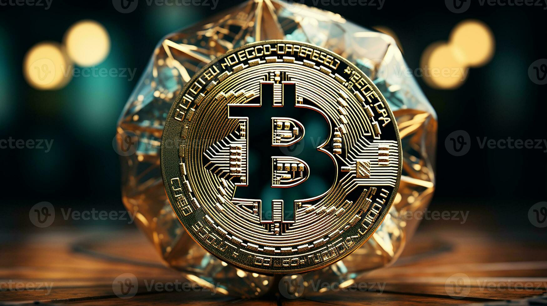 Bitcoins on the table, cryptocurrency background image, AI Generated photo