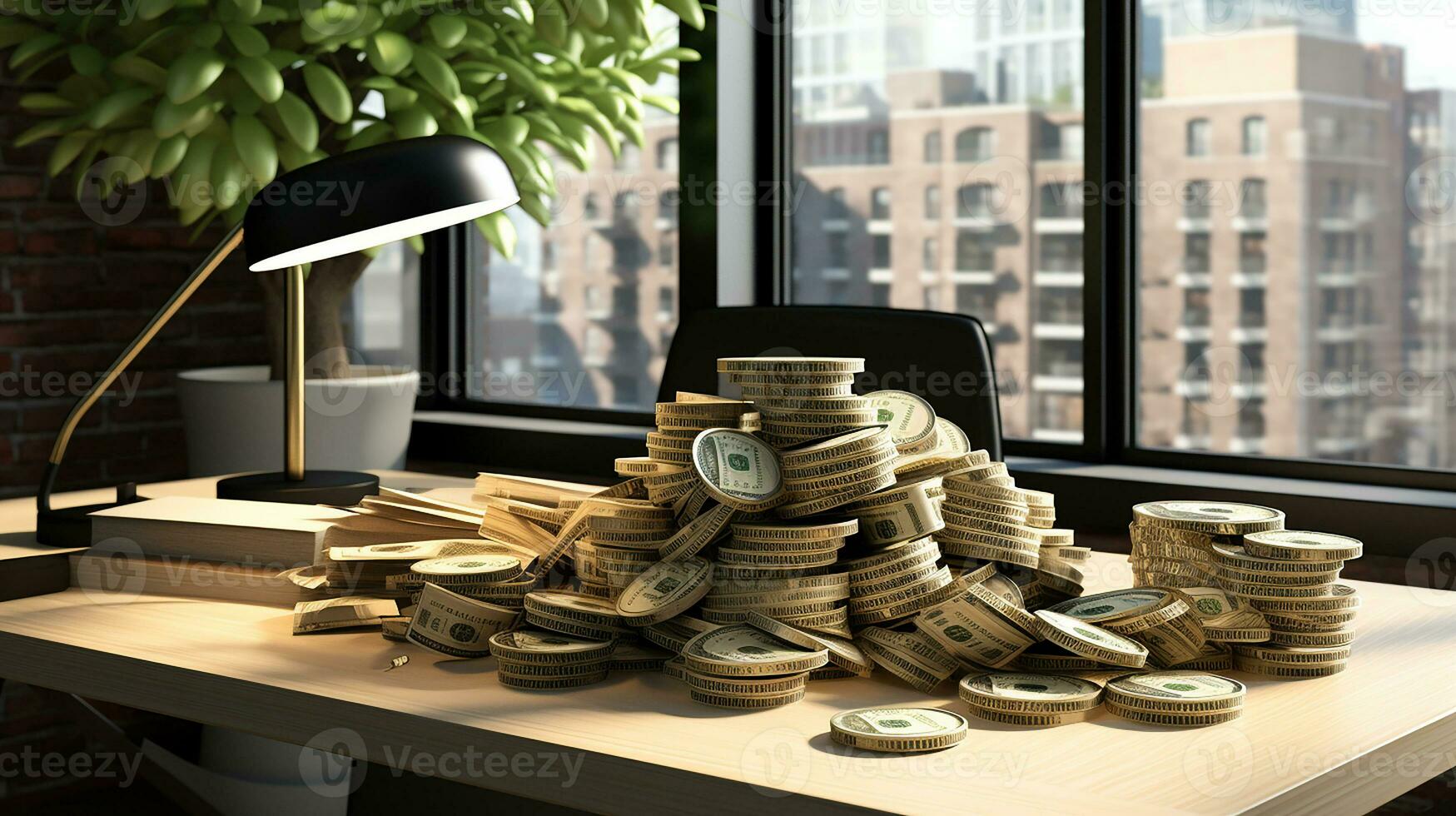 AI Generated, Stack of money on the table, concept background photo