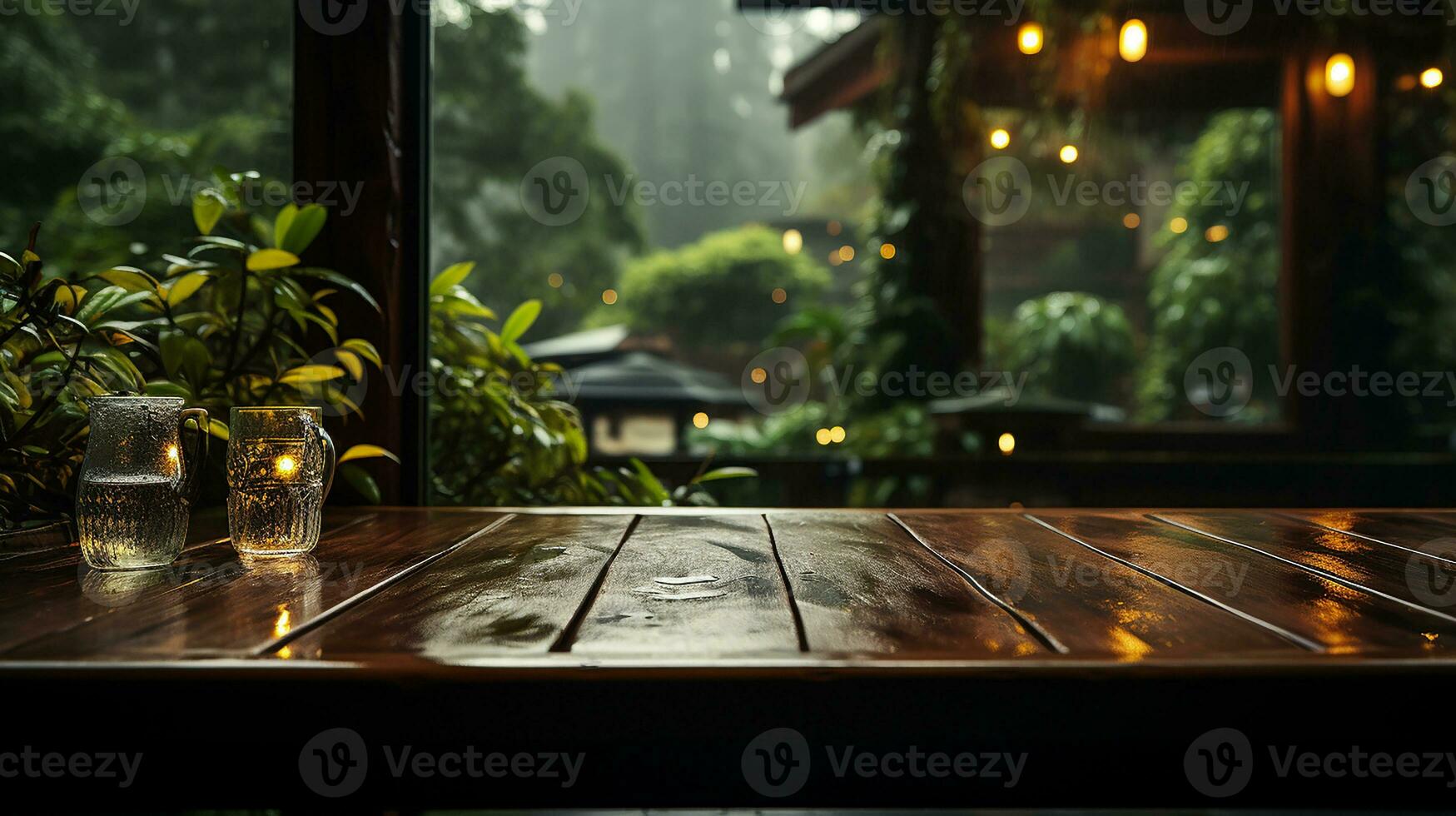 de madera mesa en un al aire libre restaurante o bar, ai generado foto