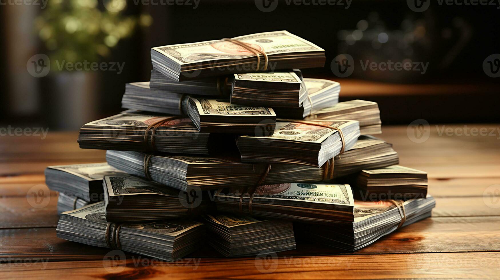 AI Generated, Stack of money on the table, concept background photo