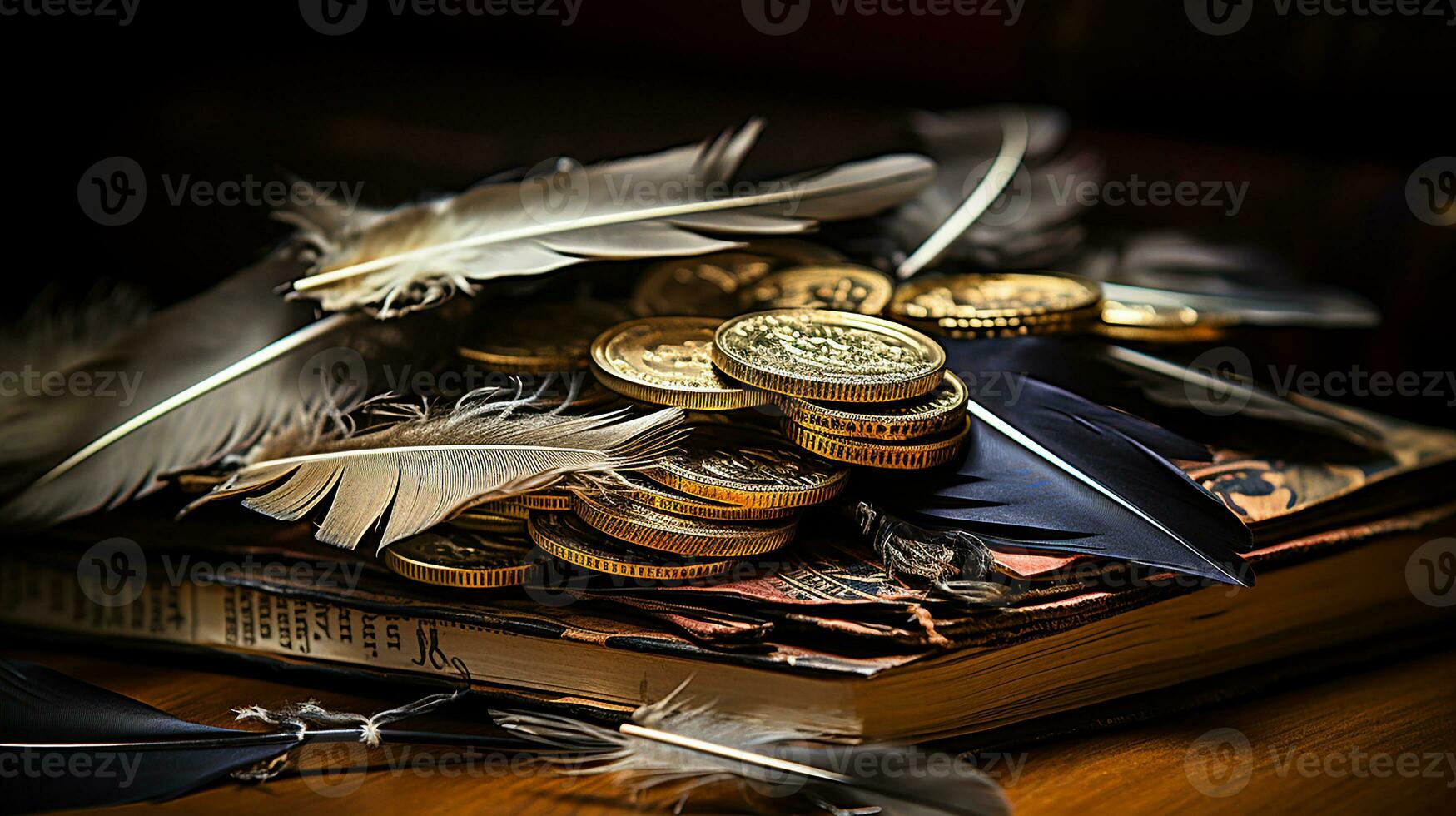 AI Generated, Stack of coins on the table photo