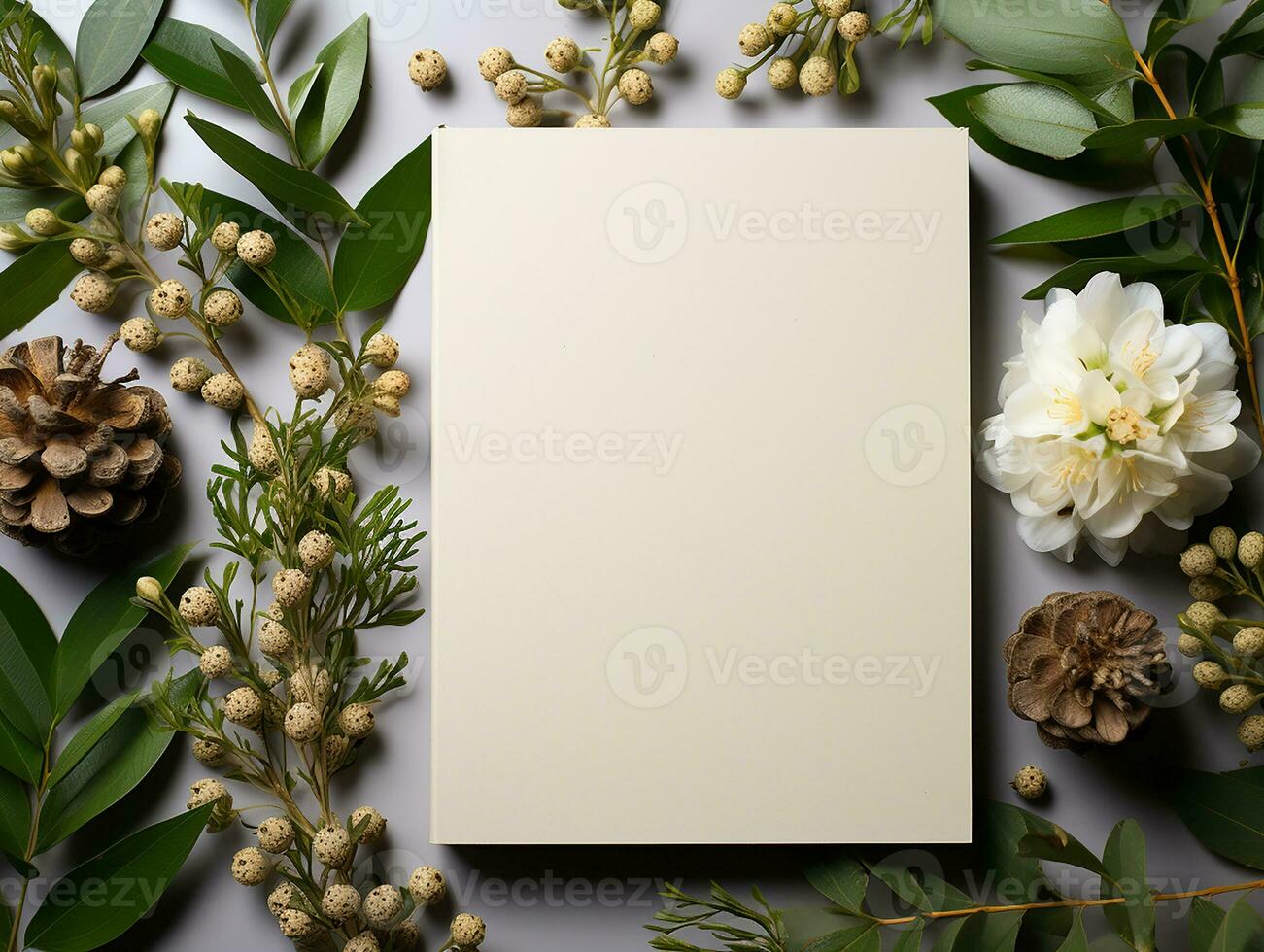 Notebook and herbs top view background mockup, AI Generated photo