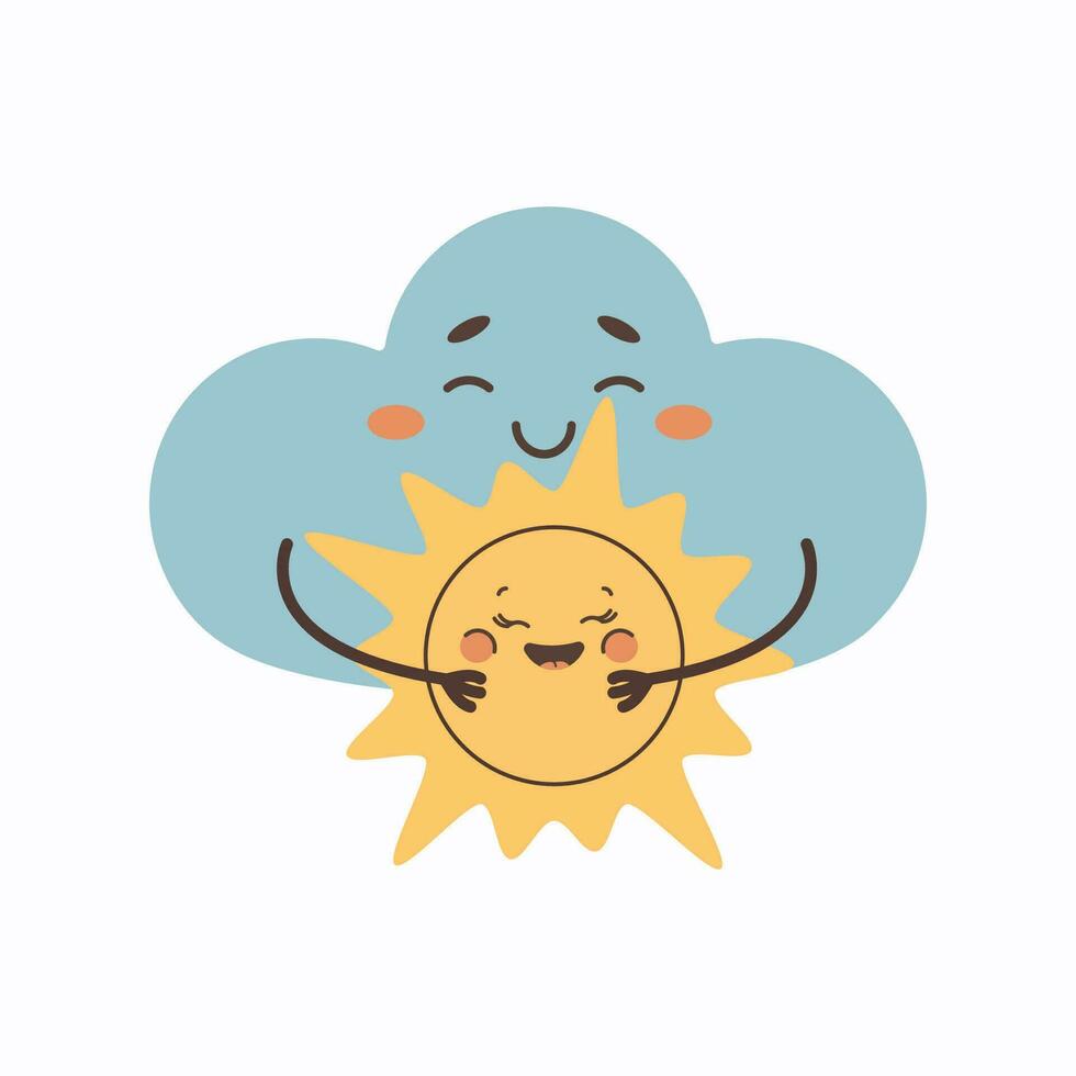Weather cartoon character cloud and sun embrace flirting vector