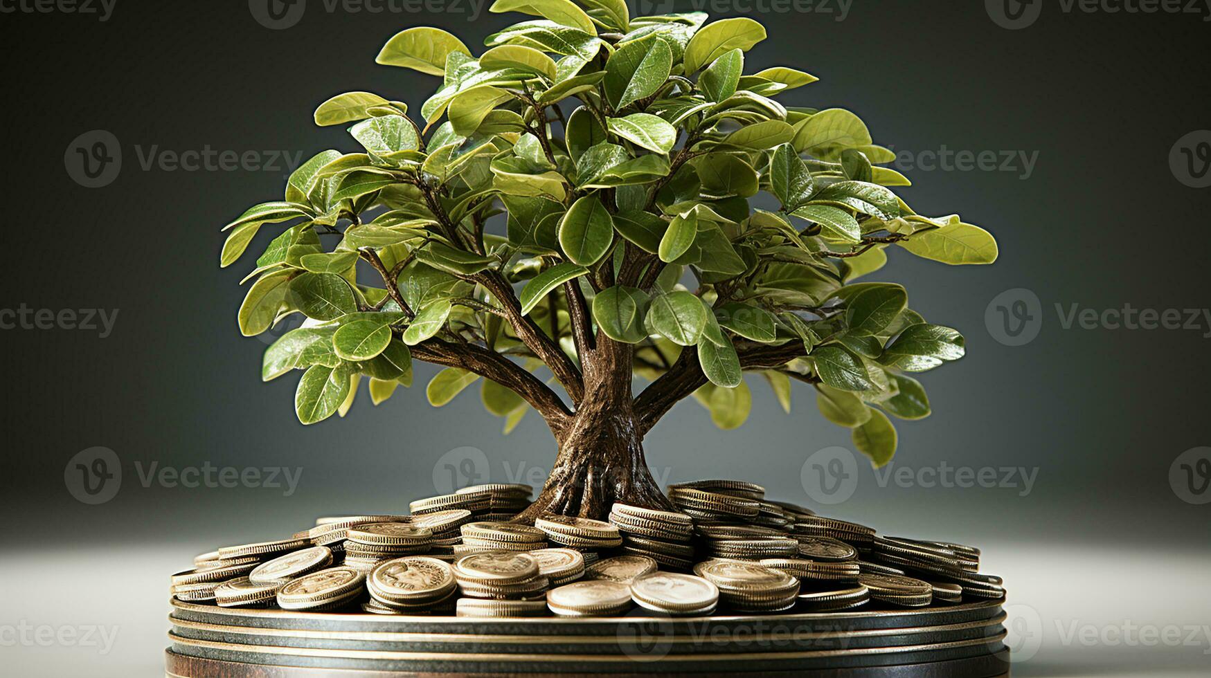 Money tree growing from a pile of money, AI Generated photo