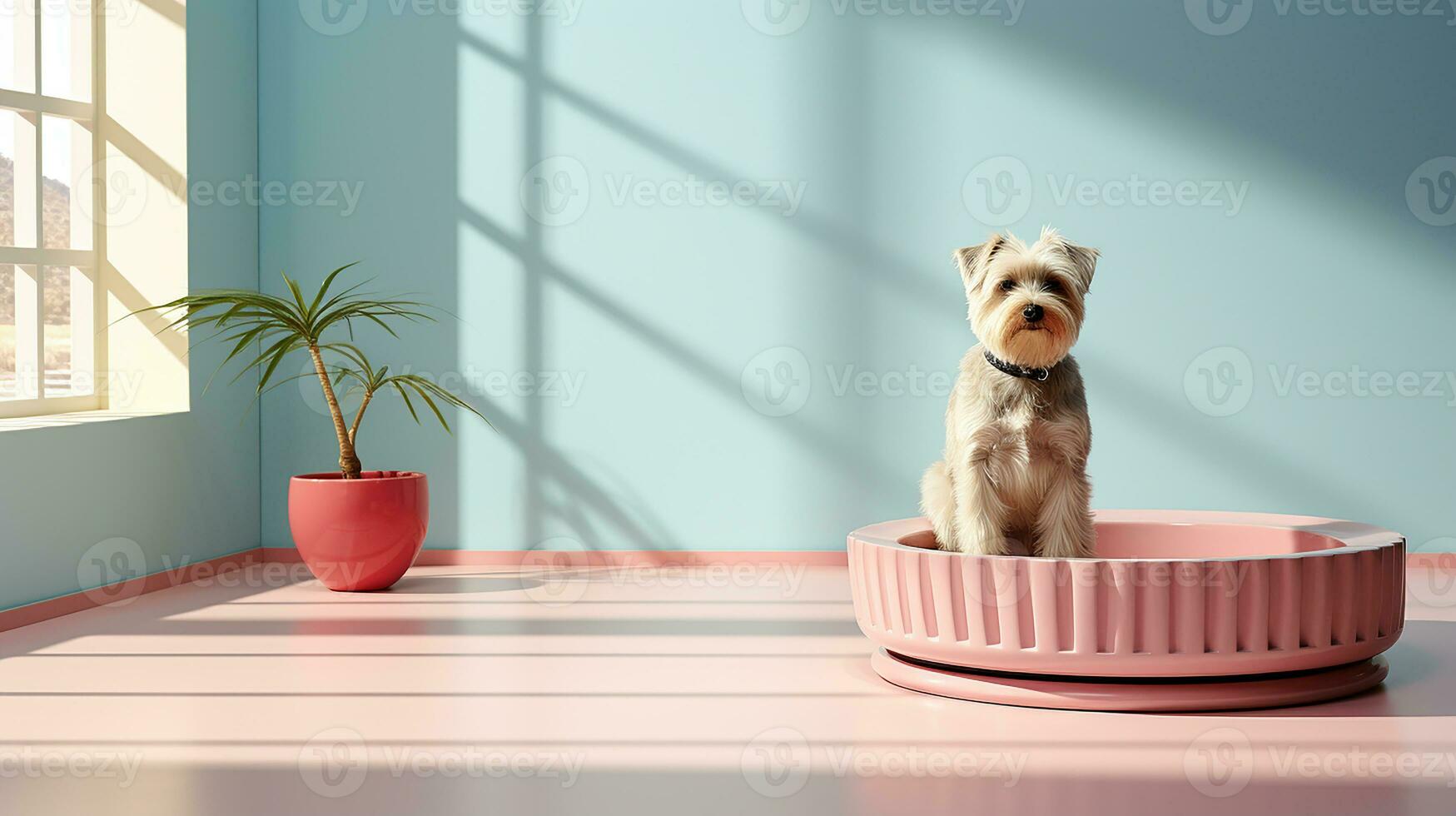 Dog sitting in front of a home wall, AI Generated photo