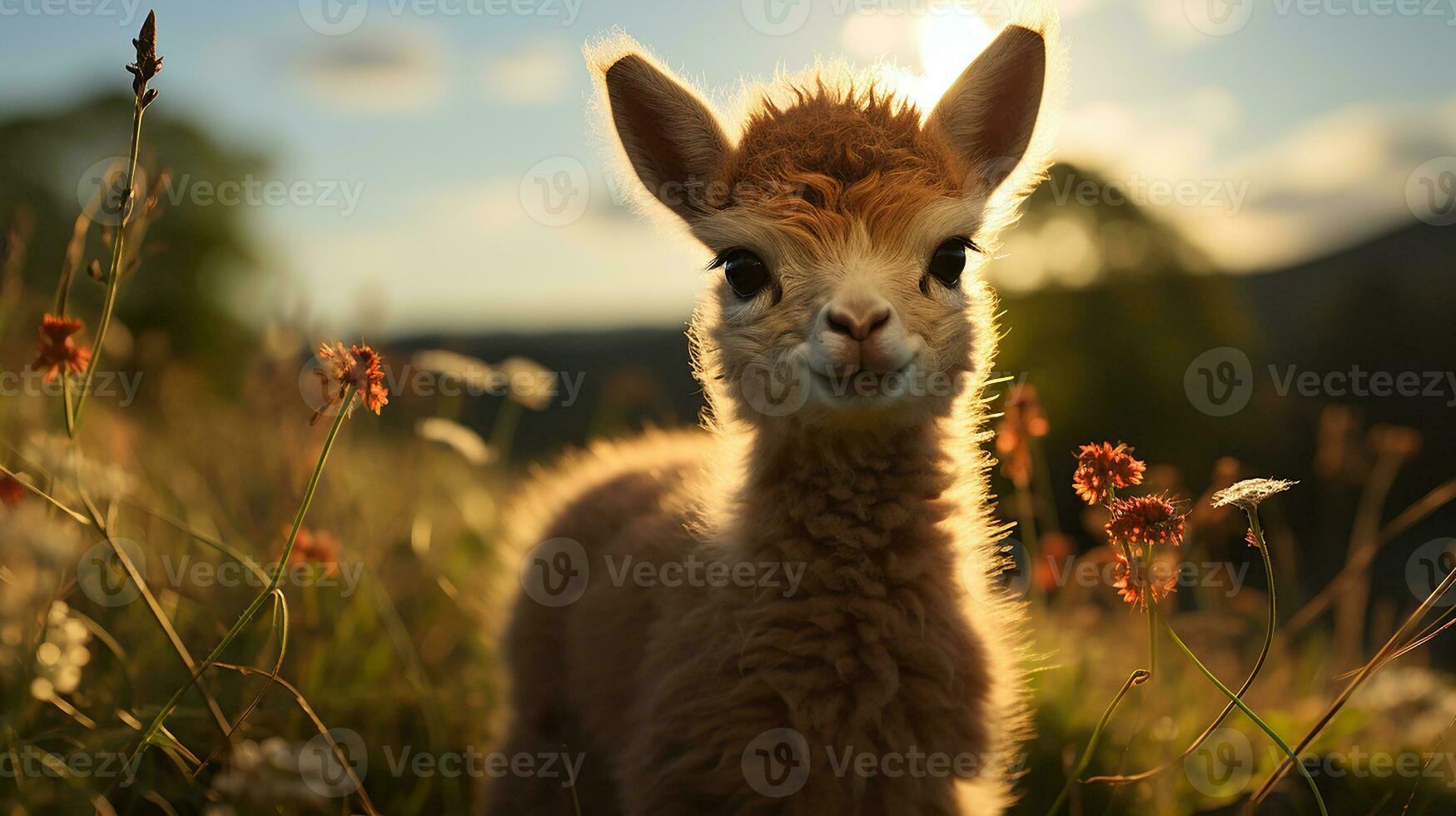 Baby lama at sunset, AI Generated photo