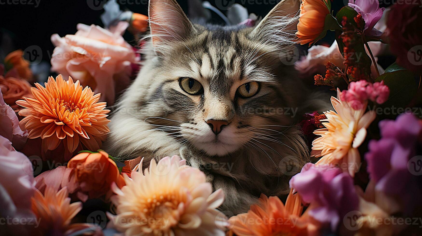 Hibernating cat picture, cute pet animal background image, AI Generated photo