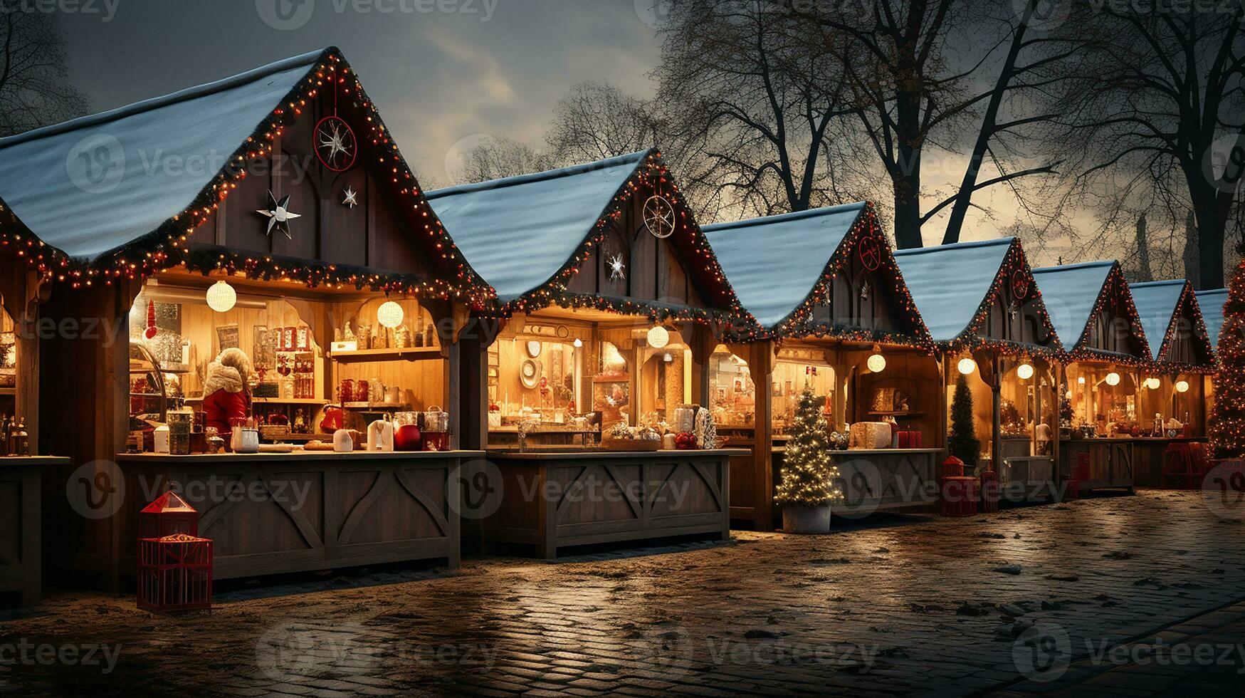 Small shops in winter, Christmas winter season background, AI Generated photo