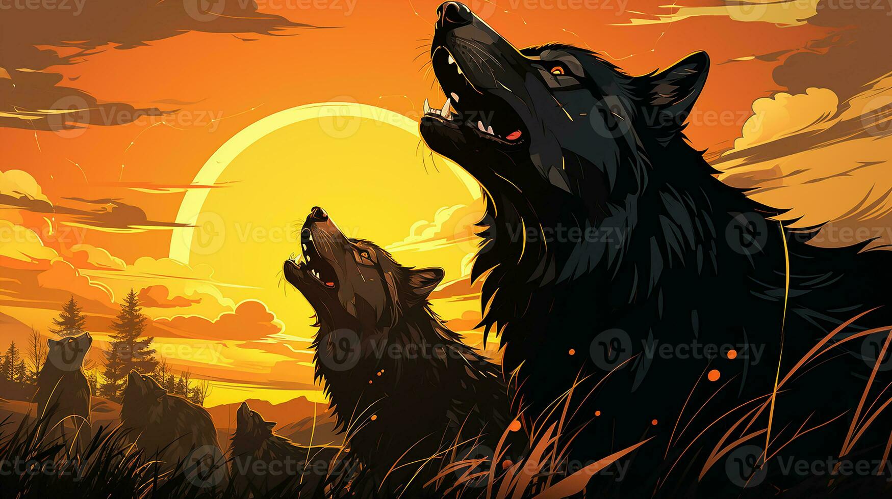 Wolf howling at the evening, AI Generated photo