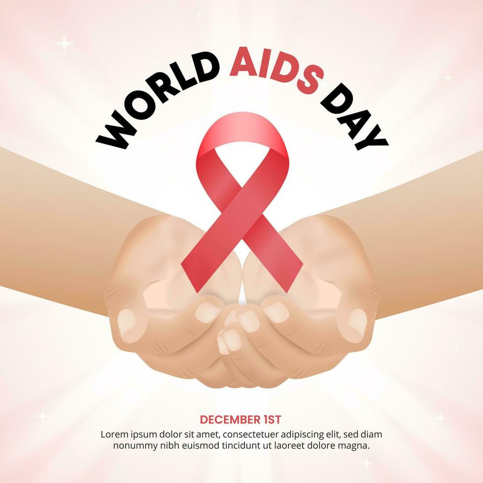 Square World Aids Day background with a red ribbon and hands vector