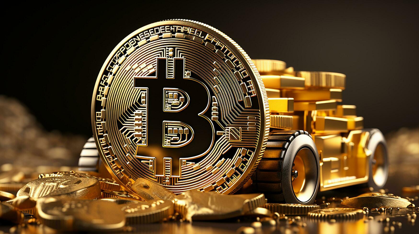 Bitcoins on the table, cryptocurrency background image, AI Generated photo