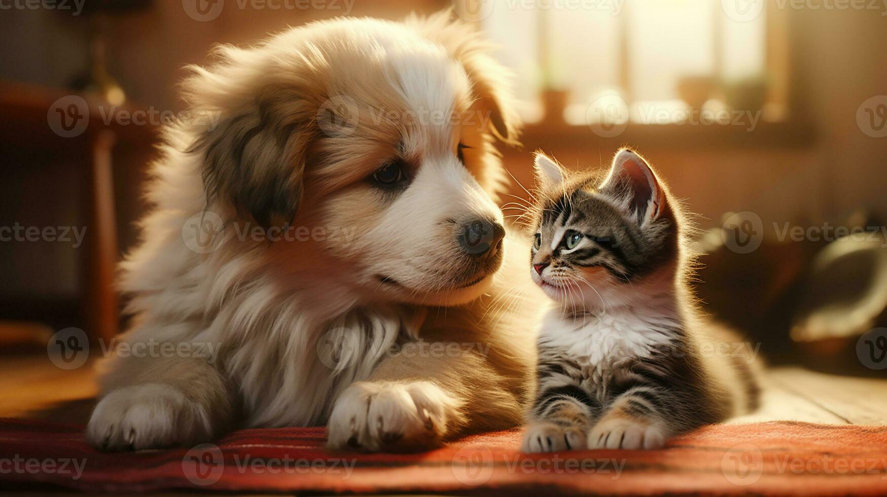 Golden retriever puppy and cut cat, AI Generated photo