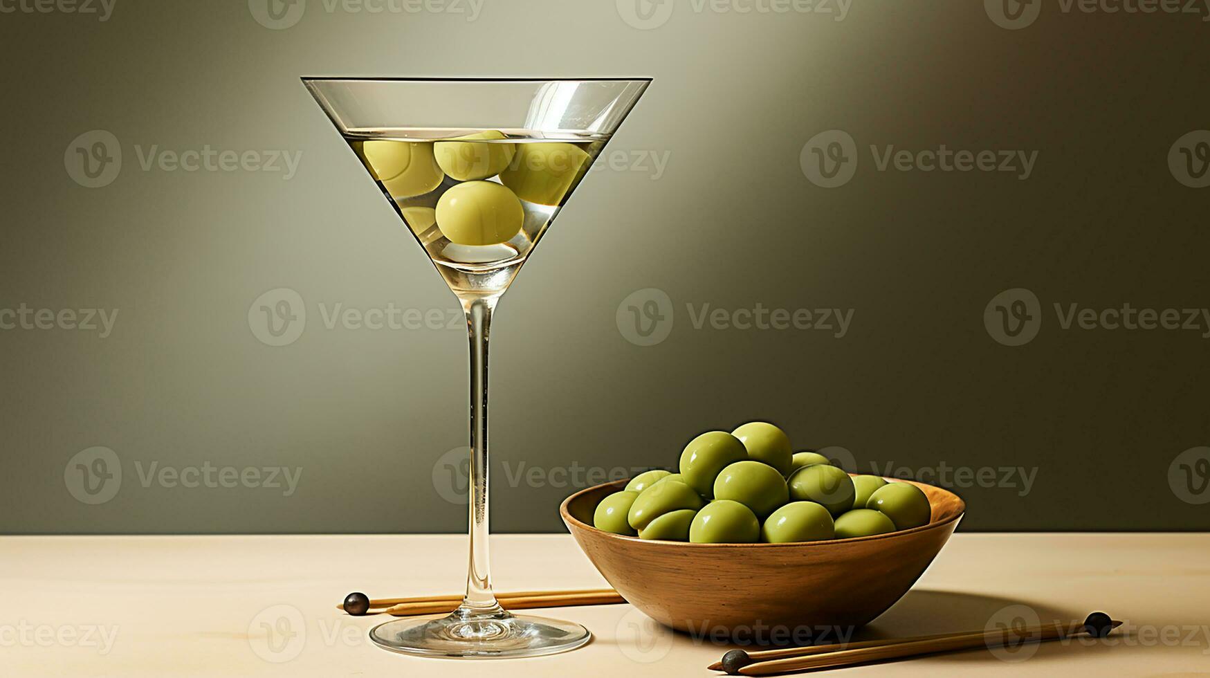 Green cocktail with olives, AI Generated photo