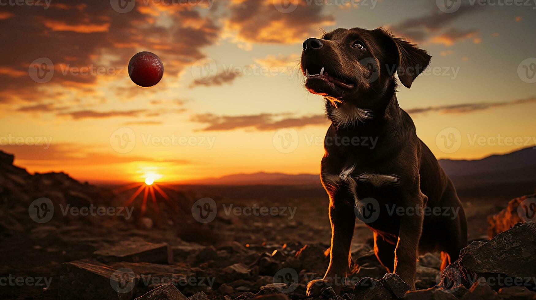 Dog on the beach at sunset, AI Generated photo