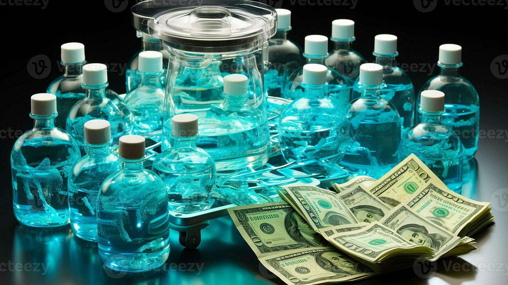 AI Generated, Stack of dollars on the table, concept background photo