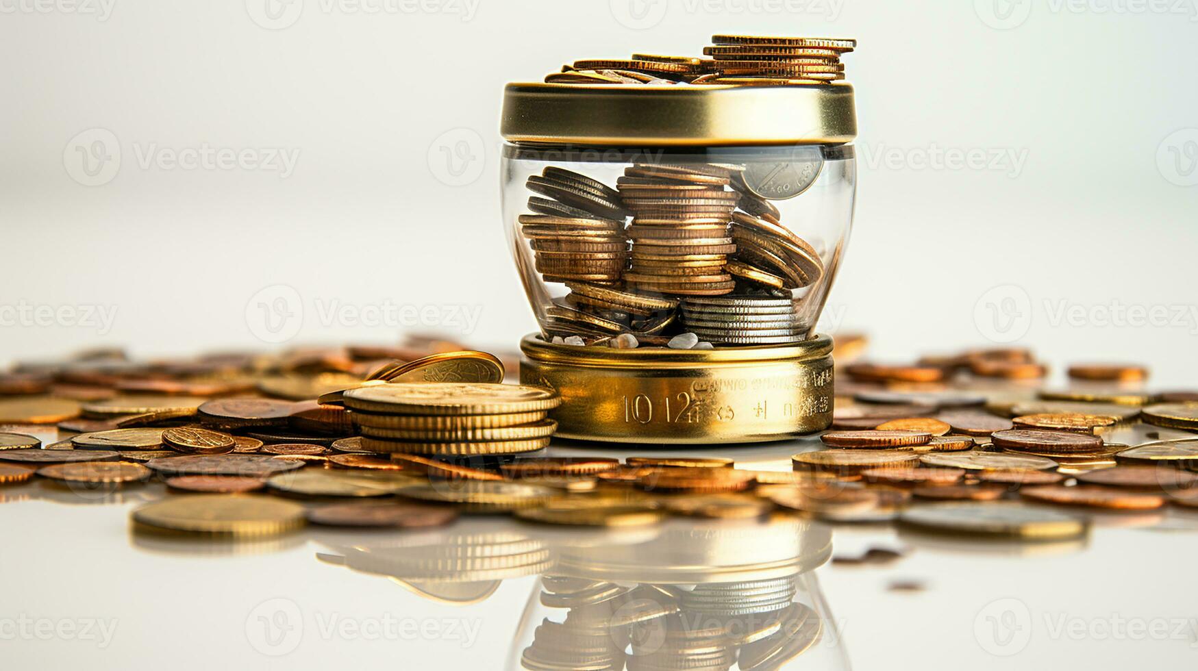 A glass bottle of coins on a table, AI Generated photo