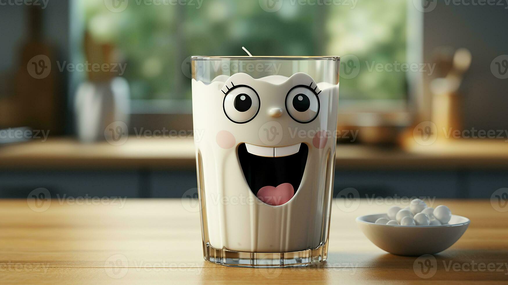 Morning milk with a happy cartoon cup, AI Generated photo