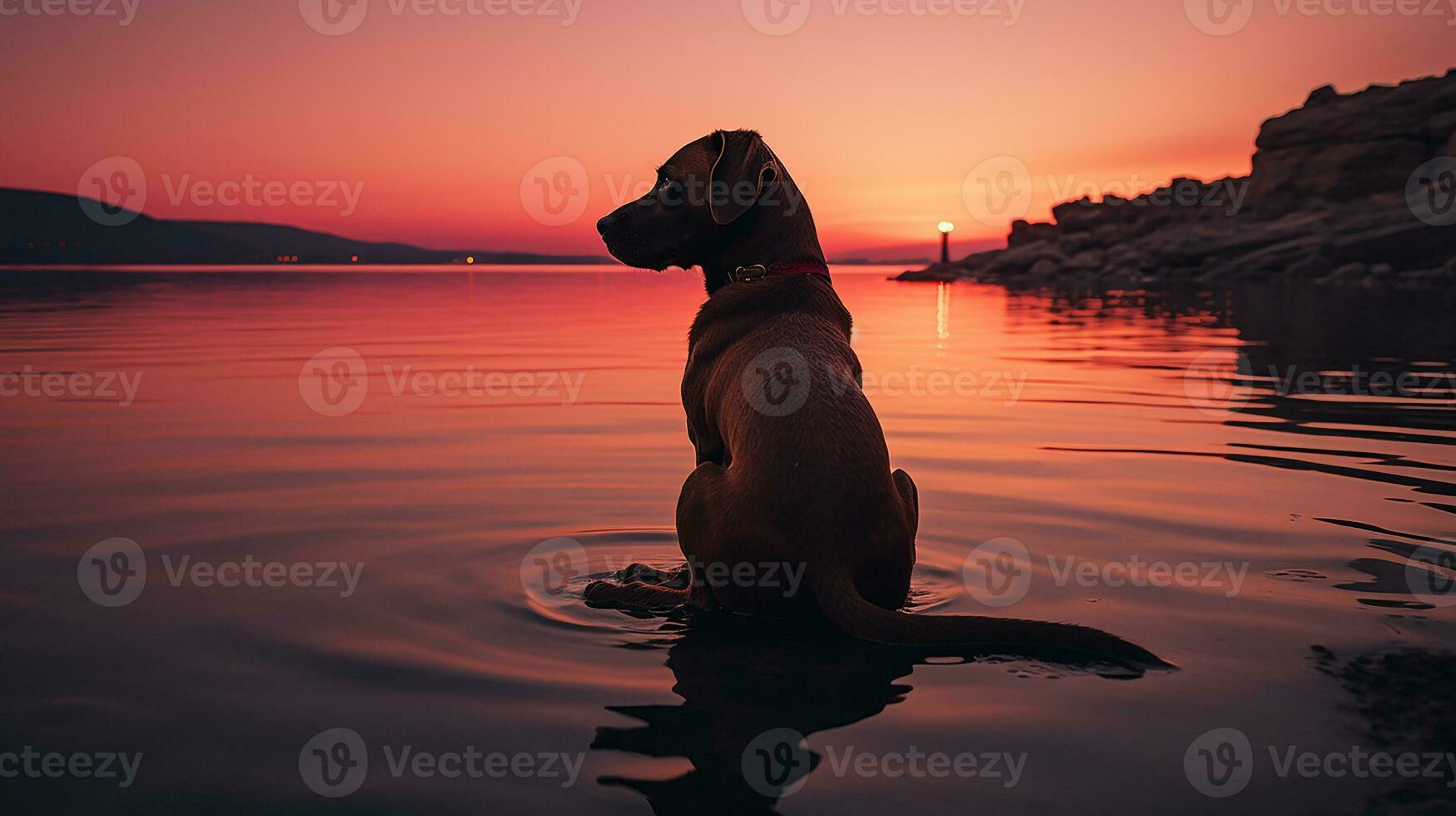 Dog on the beach at sunset, AI Generated photo