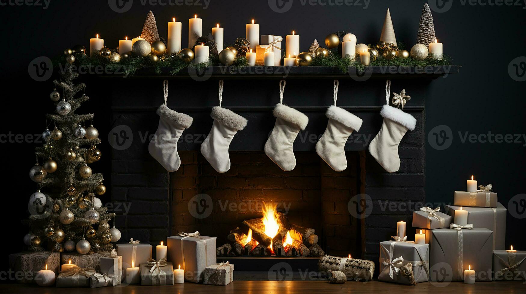A Christmas scene with a fireplace and a Christmas tree, AI Generated photo