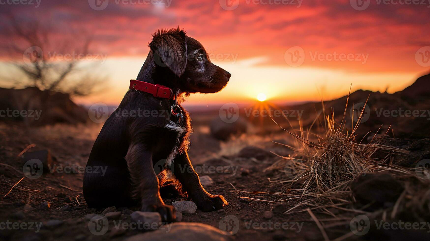 Dog on the beach at sunset, AI Generated photo