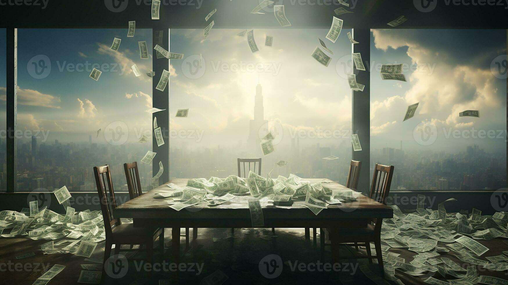 AI Generated, Banknotes are scattered on the table photo