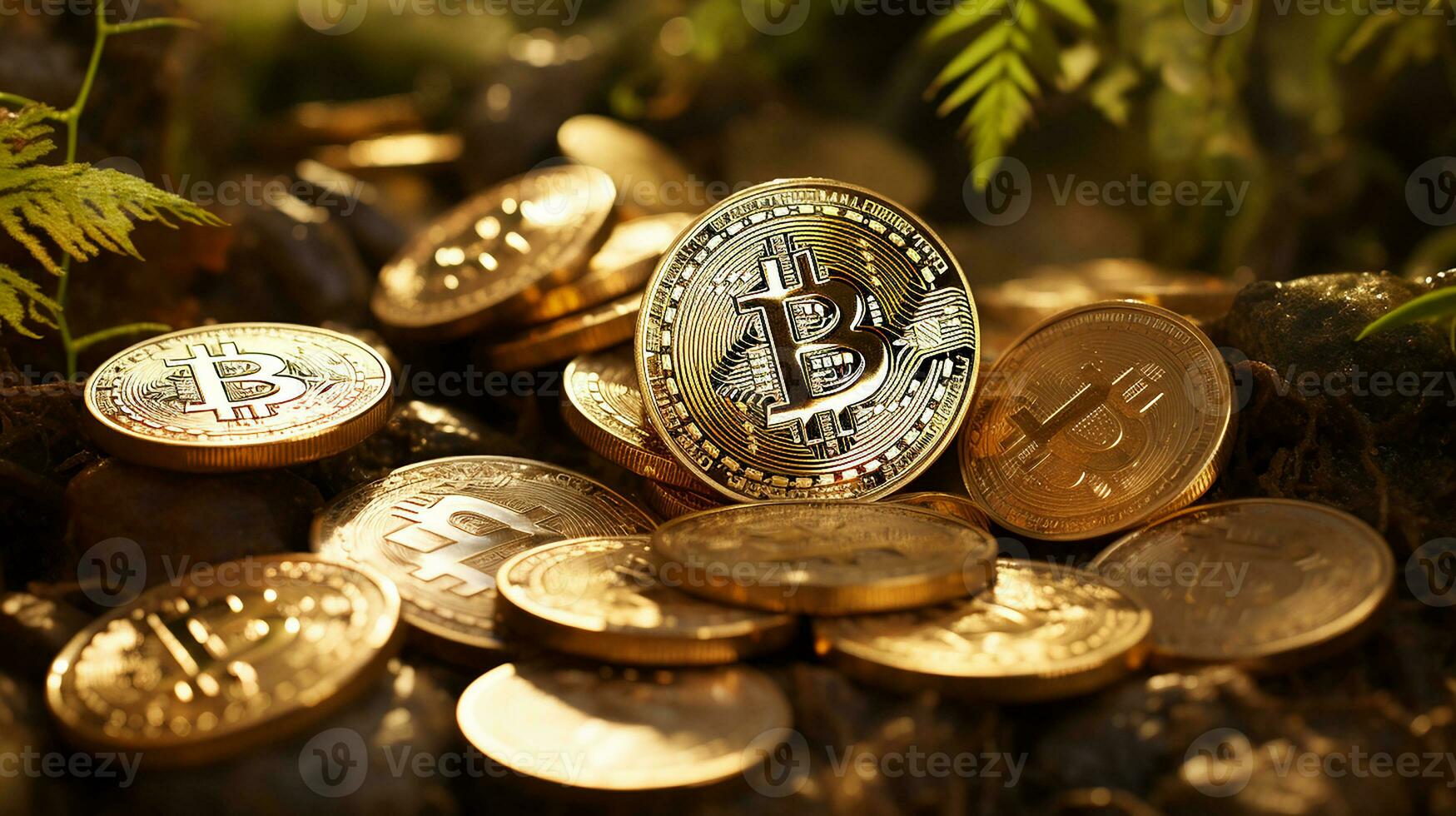 Bitcoins on the table, cryptocurrency background image, AI Generated photo