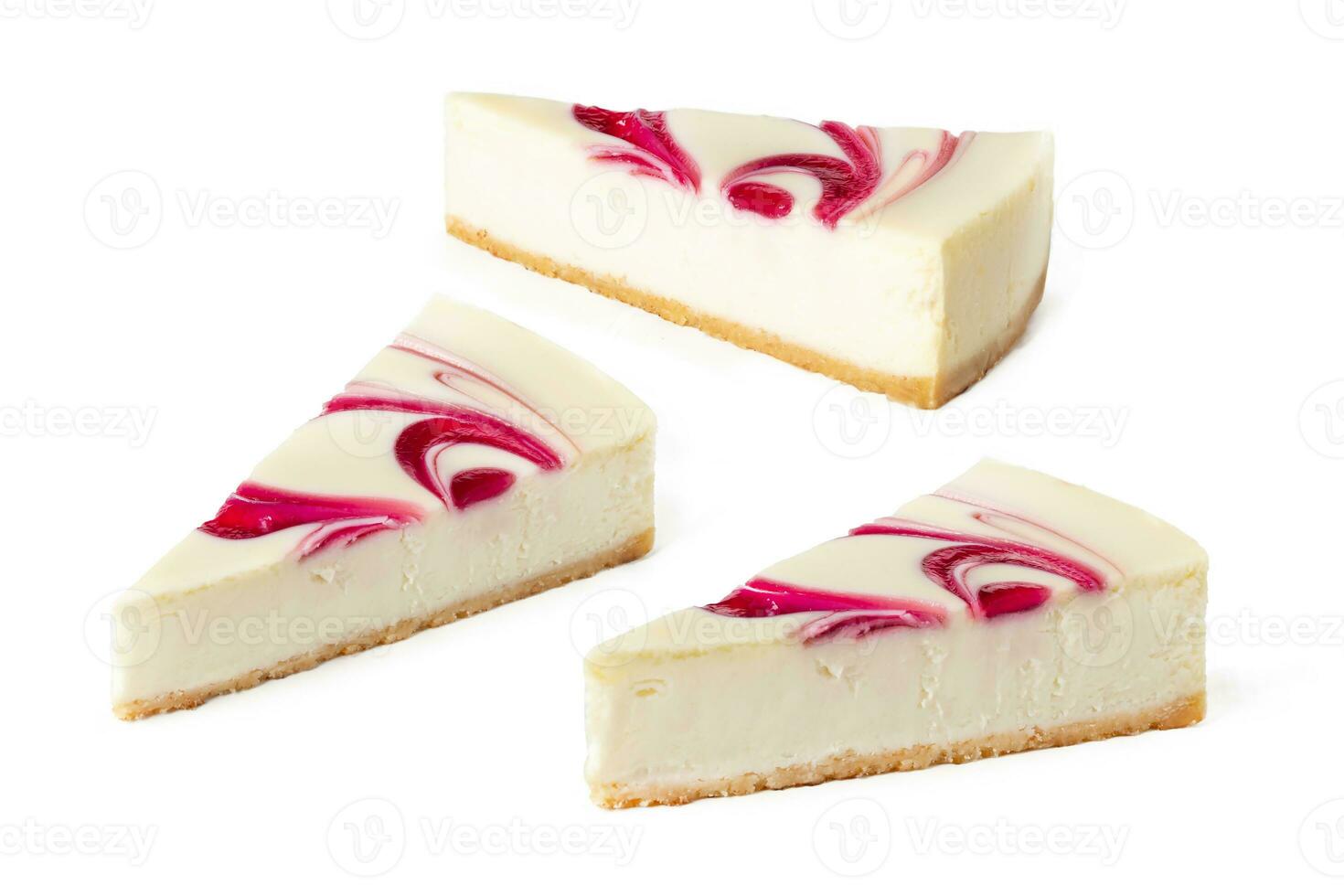 set pack of different angles slices of classical cheesecake new york strawberry or raspberry jam on white background isolated photo