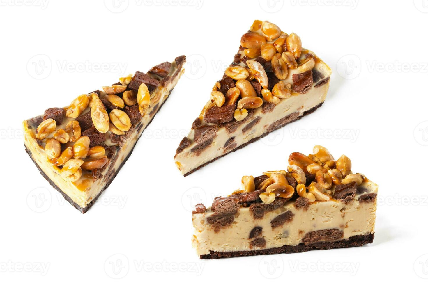 set pack of different angles slices of cheesecake caramel with peanuts and cookies on white background isolated photo
