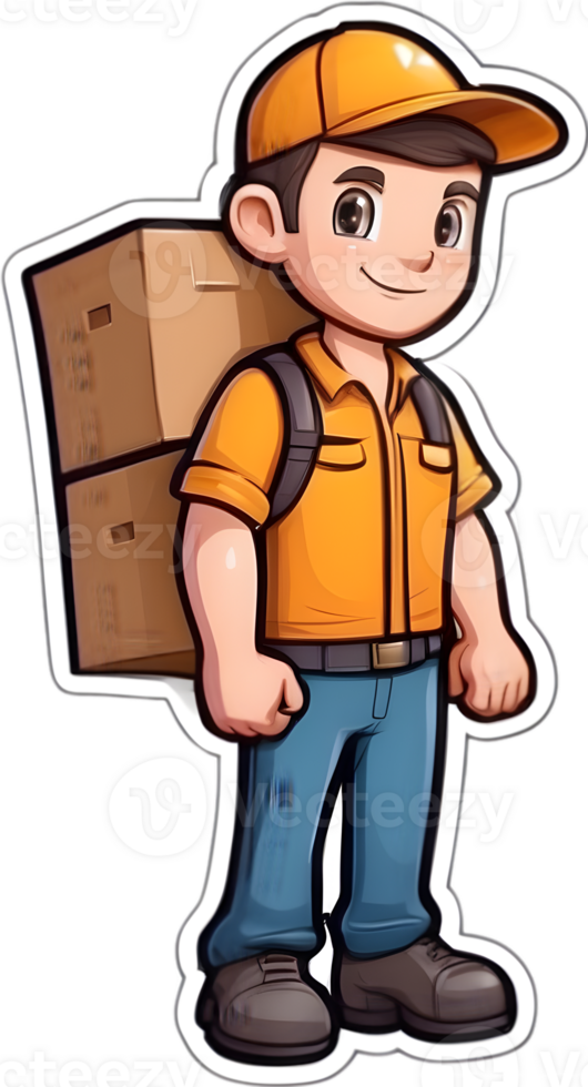 cartoon delivery man with a box and a clipboard clipart, ai generative png