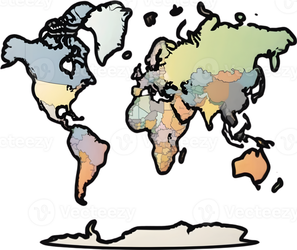 world map with countries on it, transparent background ai generative png