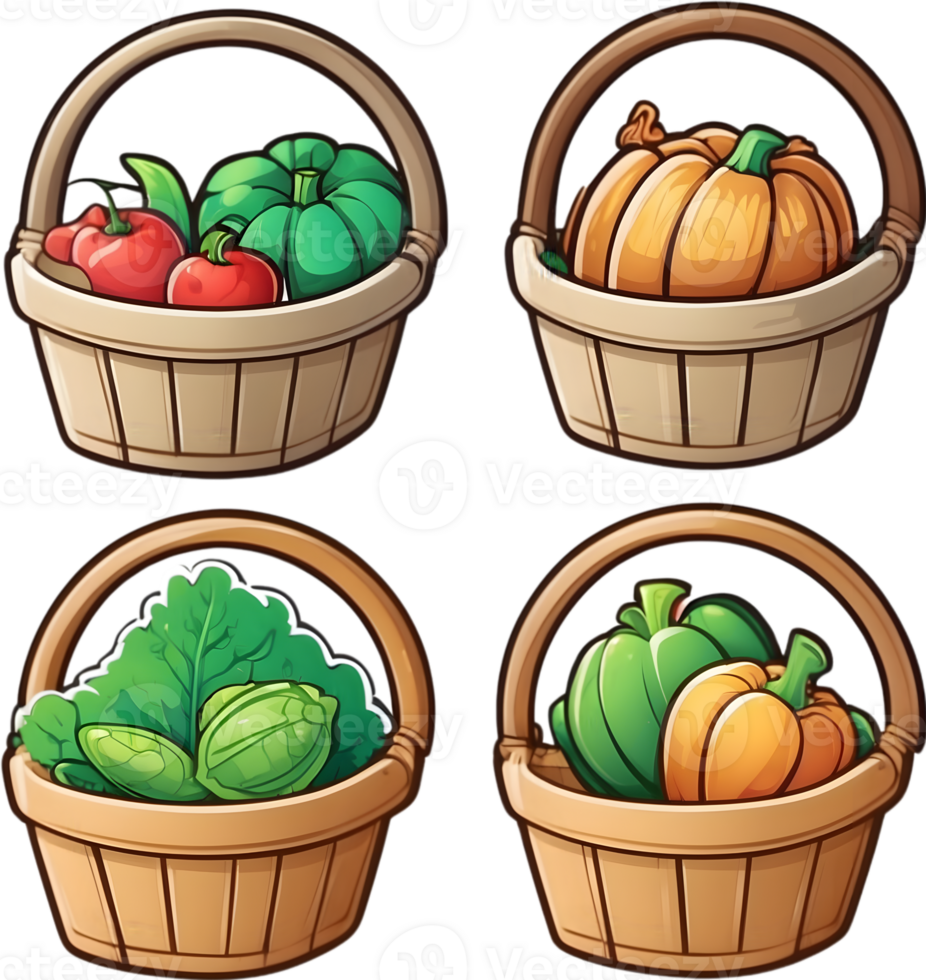 cartoon vegetables in baskets set, png illustration ai generative