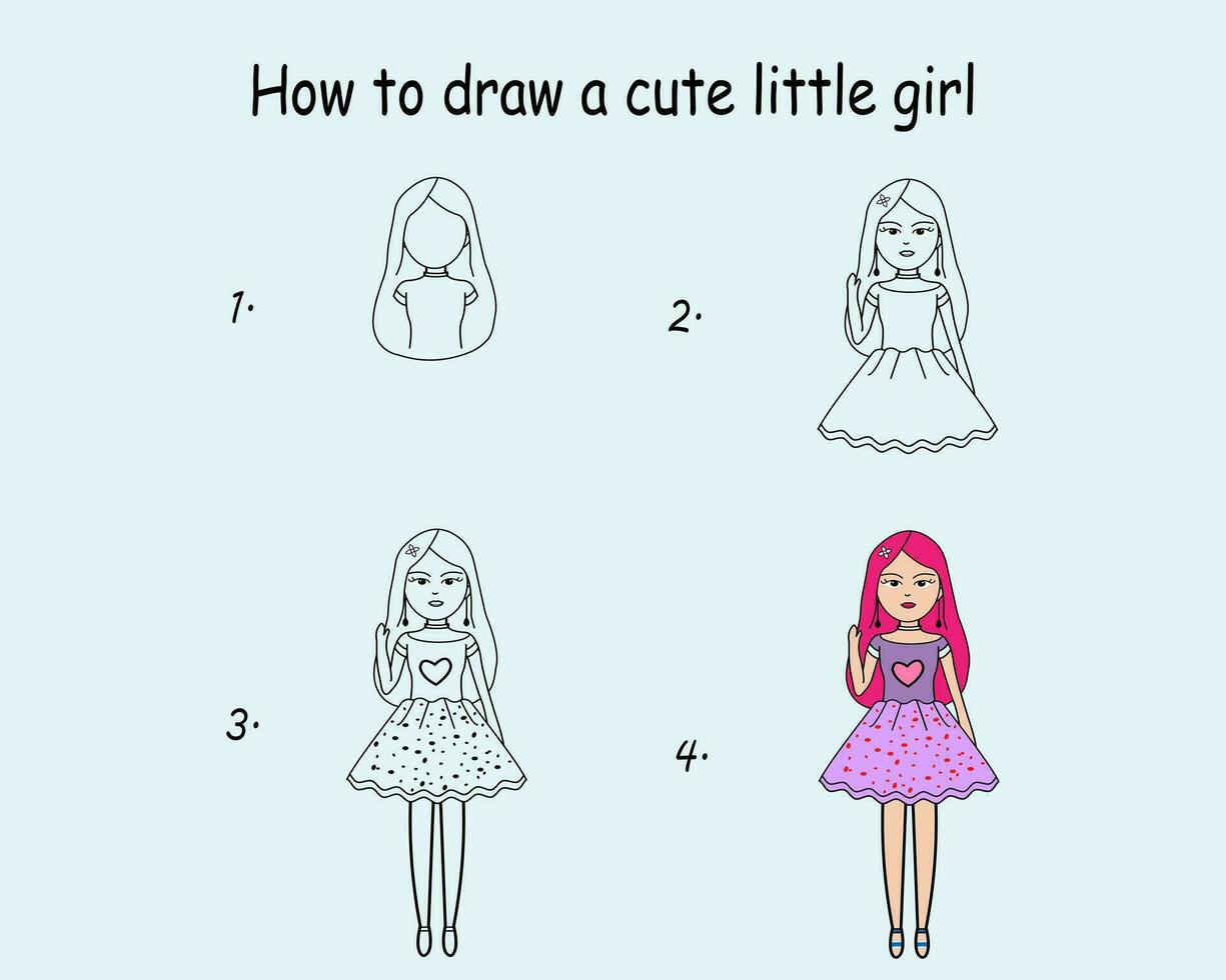 Step by step to draw a Cute girl. Drawing tutorial a Cute girl. Drawing lesson for children. Vector illustration