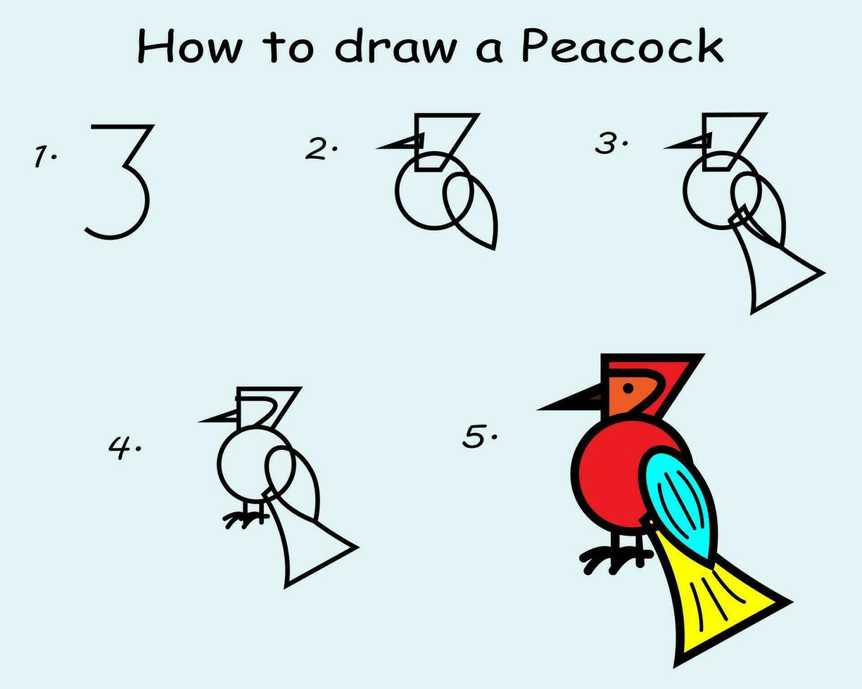 Step by step to draw a Peacock. Drawing tutorial a Peacock. Drawing lesson for children. Vector illustration