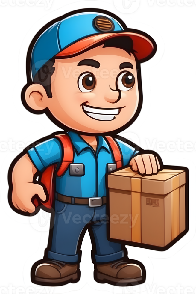 cartoon delivery man with a box and a clipboard clipart, ai generative png