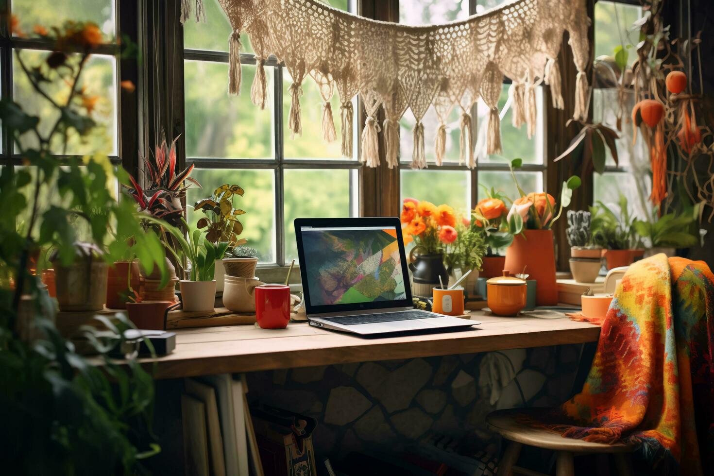 Stylish Feminine Workspace at Home - AI generated photo