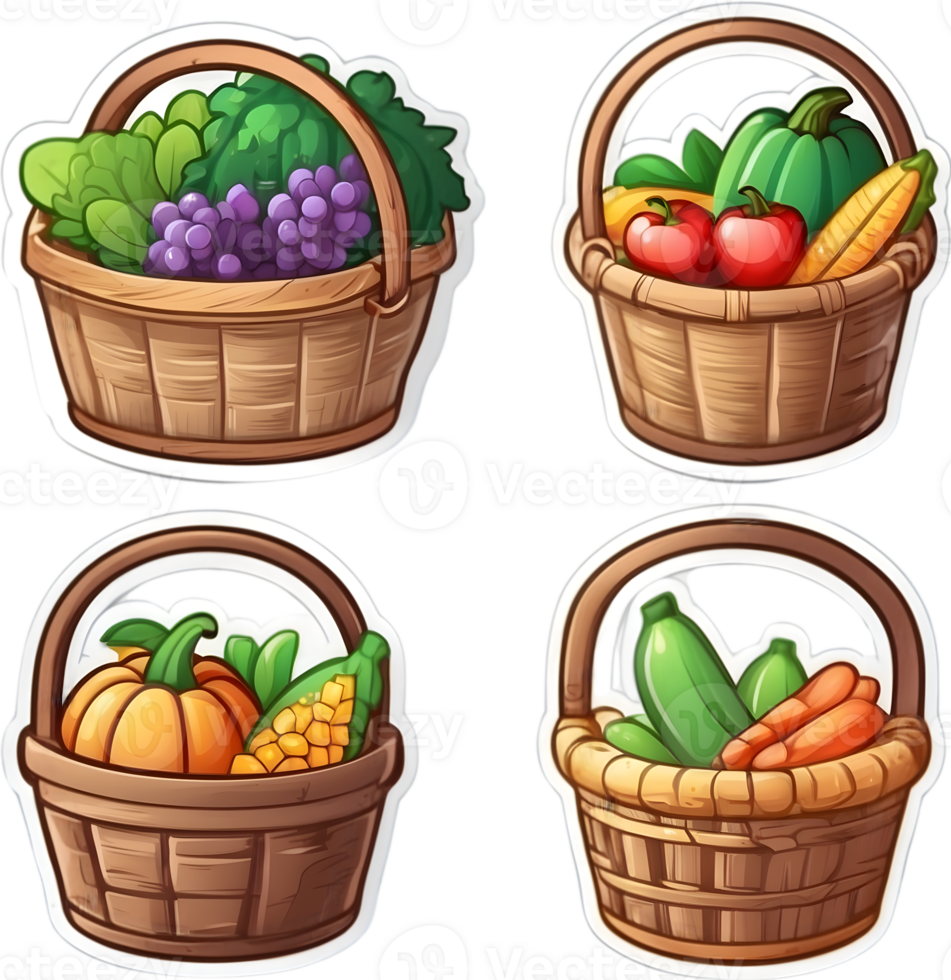 cartoon vegetables in baskets set, png illustration ai generative