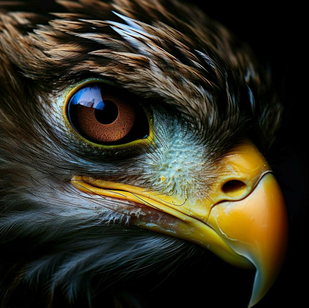 Potrait closeup of Eagle eyes on black background  of ai generated photo